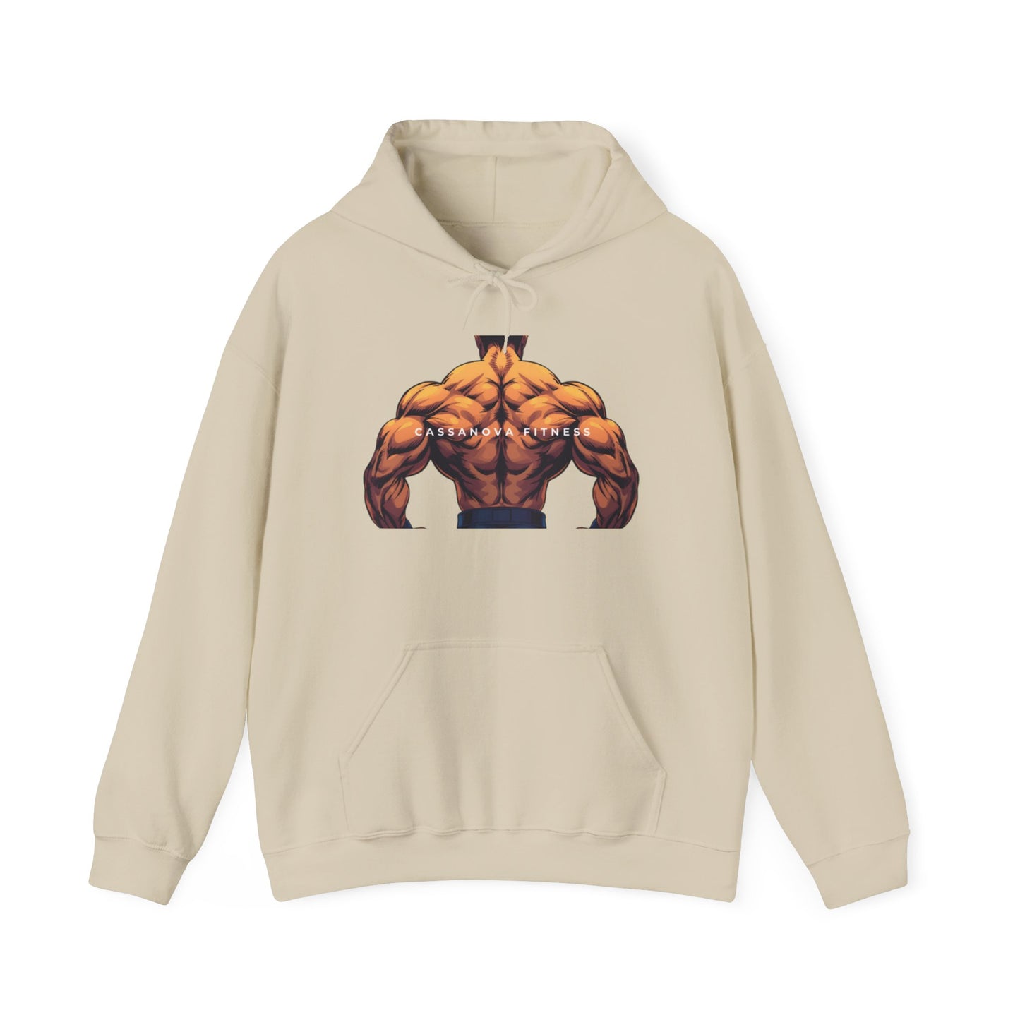 Beige hoodie with a graphic of a muscular figure on a white background