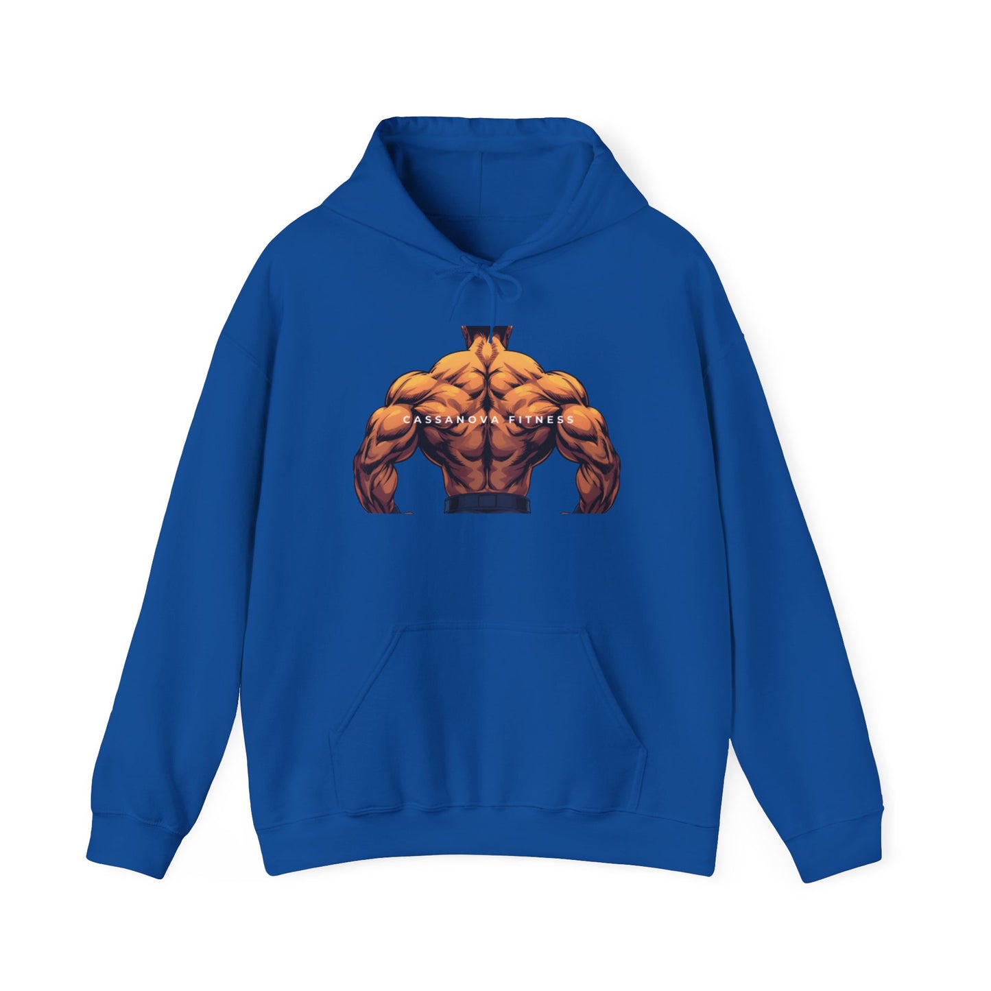 Blue hoodie with a muscular chest design on a white background