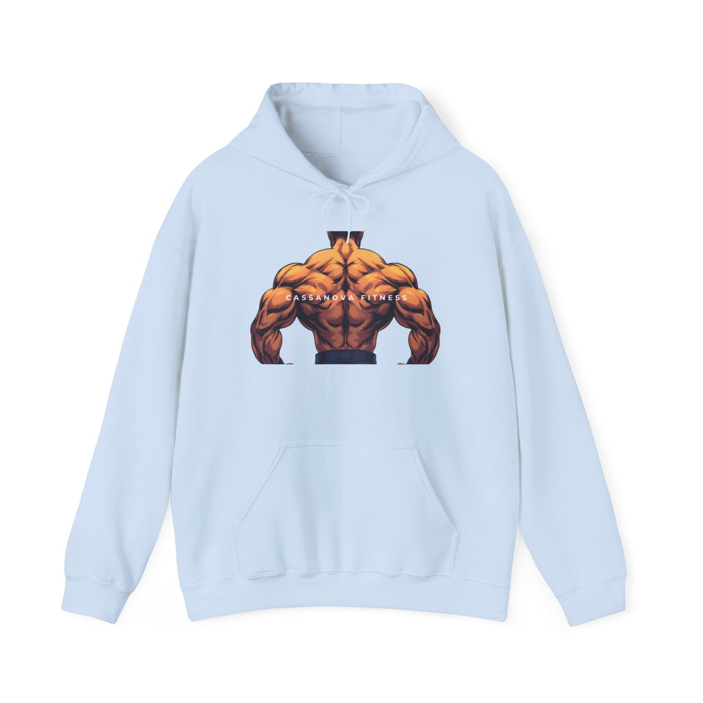 Light blue hoodie with a muscular graphic on a white background