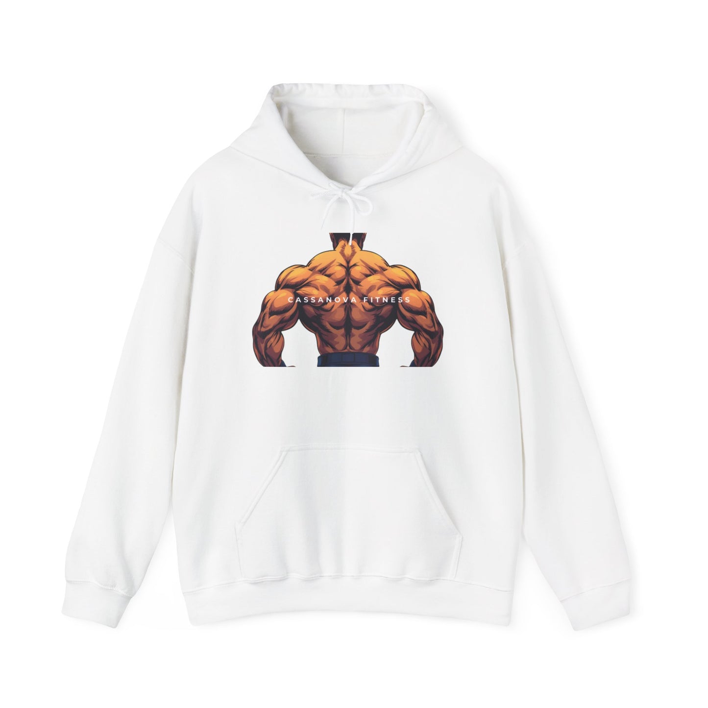 White hoodie with a graphic of a muscular figure