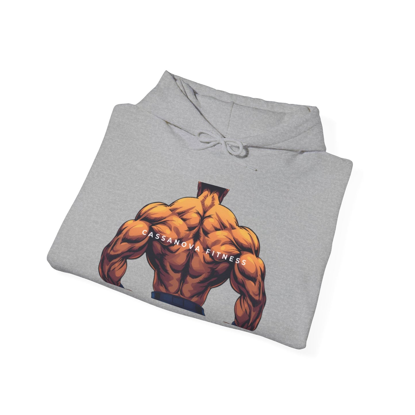 Folded gray hoodie with a muscular graphic and 'Cassanova Fitness' text