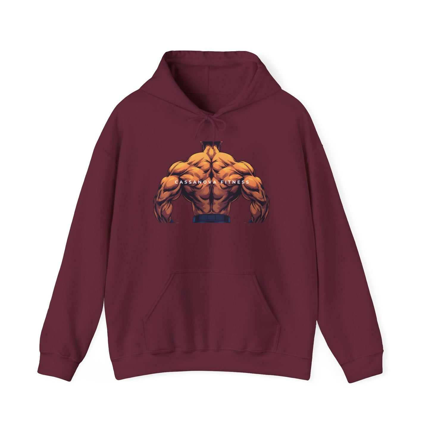 Maroon hoodie with a graphic of a muscular chest design on a white background