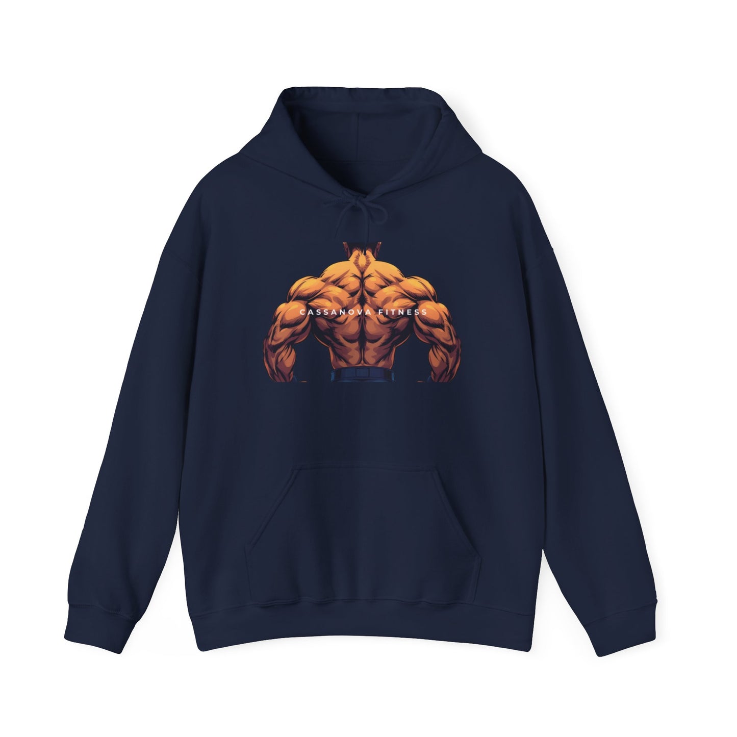 Navy blue hoodie with a muscular design on a white background