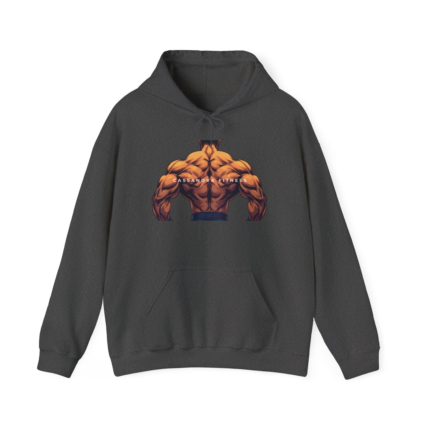 Dark gray hoodie with a muscular design on a white background
