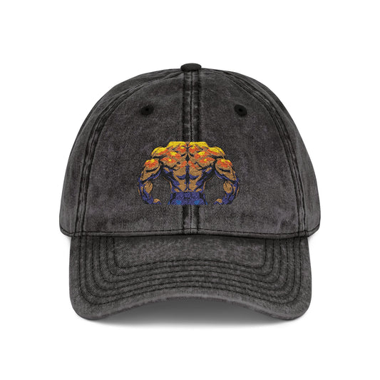 Black denim cap with a colorful chest emblem