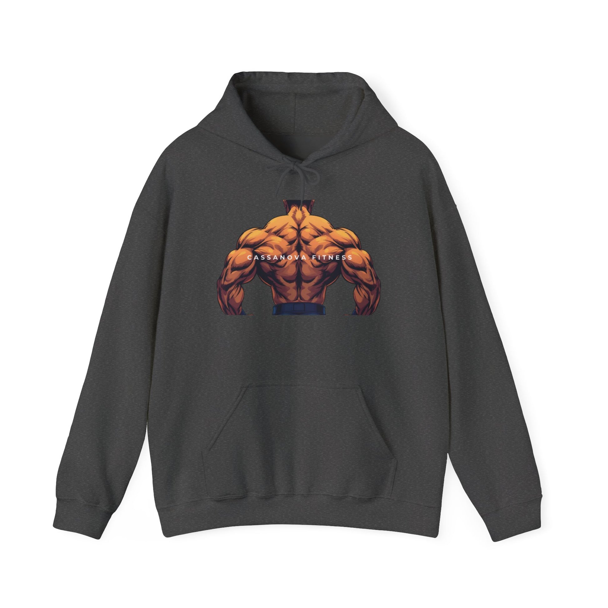 Dark gray hoodie with a muscular design on a white background